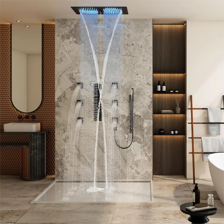 Rodeo 27.5-Inch LED&Music Rainfall Thermostatic Shower System with Slide Bar and 2-in-1 Handheld