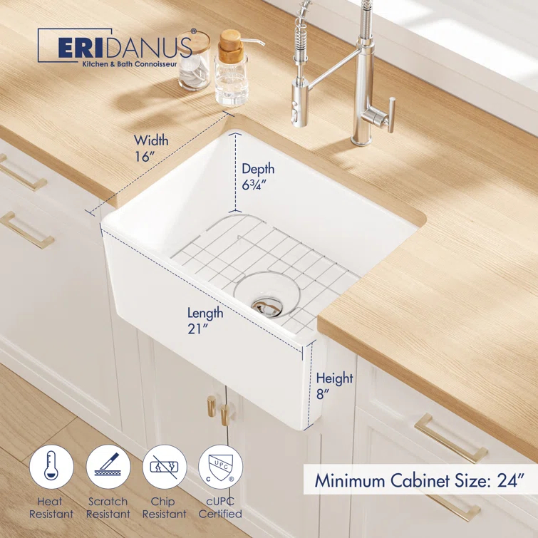 Denbigh 21" L x 16" W Farmhouse Apron-Front Kitchen Sink with Sink Grid and Pop-Up Drain, Laundry Sink