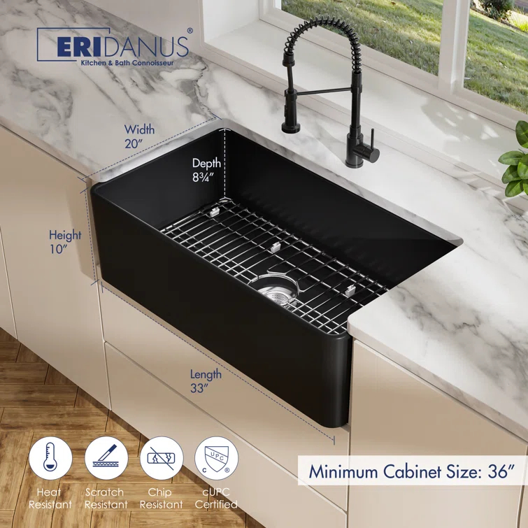 33" L x 20" W Fireclay Farmhouse Kitchen Sink with Sink Grid and Basket Strainer