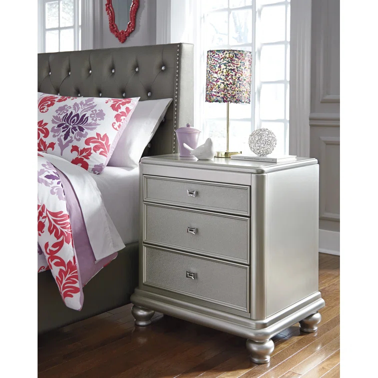 Signature Design By Ashley Coralayne Glam 3 Drawer Nightstand With Faux Shagreen Drawer Fronts, Silver
