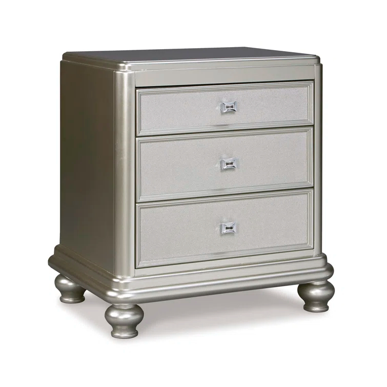 Signature Design By Ashley Coralayne Glam 3 Drawer Nightstand With Faux Shagreen Drawer Fronts, Silver