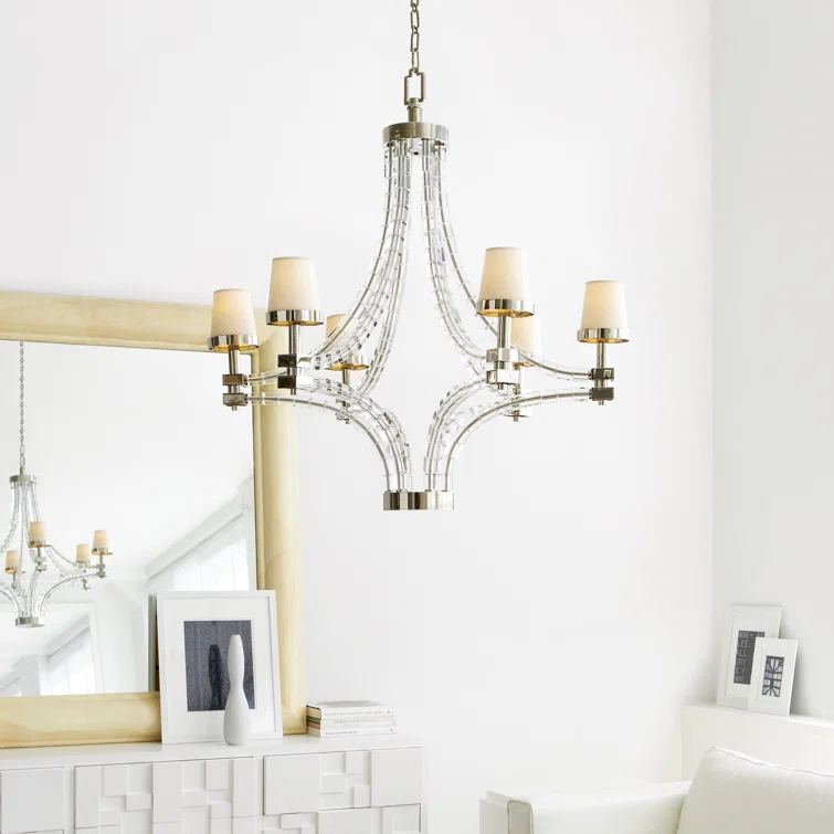 Polished Nickel Crystal 6-Light Chandelier with Candle Shades