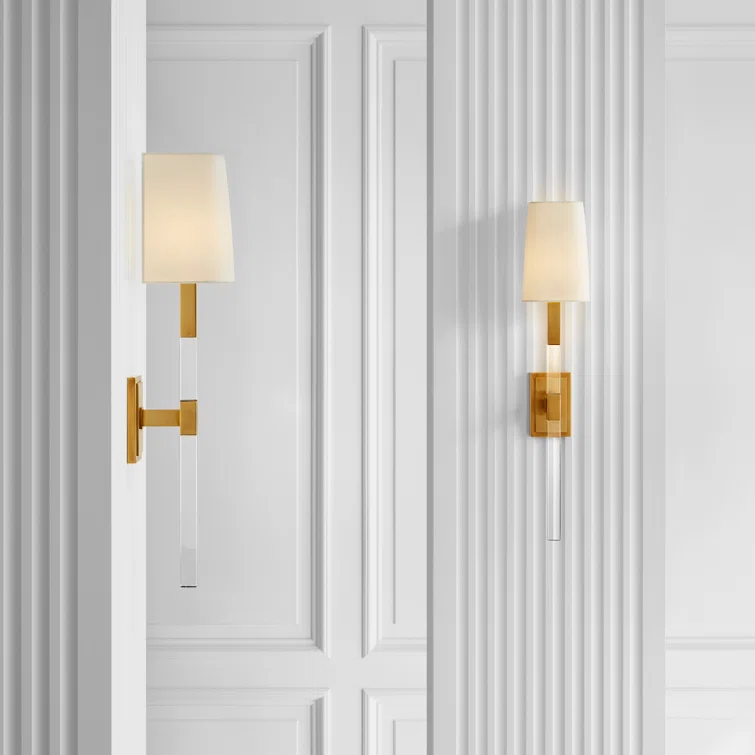 Reagan Antique-Burnished Brass Wallchiere with Crystal Stem and Linen Shade