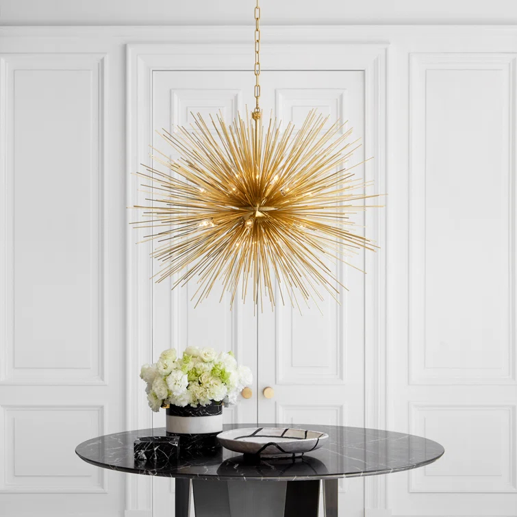 Large Burnished Silver Leaf Metal Spiked Chandelier