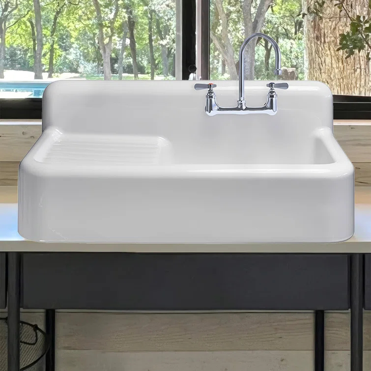 Whitehaus 42" Single Bowl Fireclay Utility Above Mount Sink: Integral Drainboard, High Backsplash