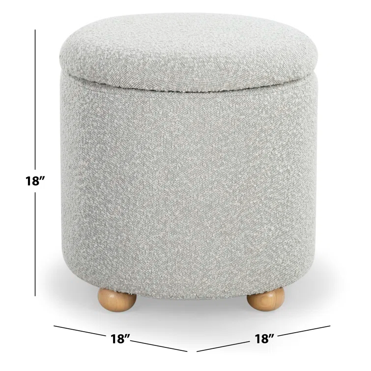 Becka Round Gray Boucle Storage Ottoman with Wood Legs