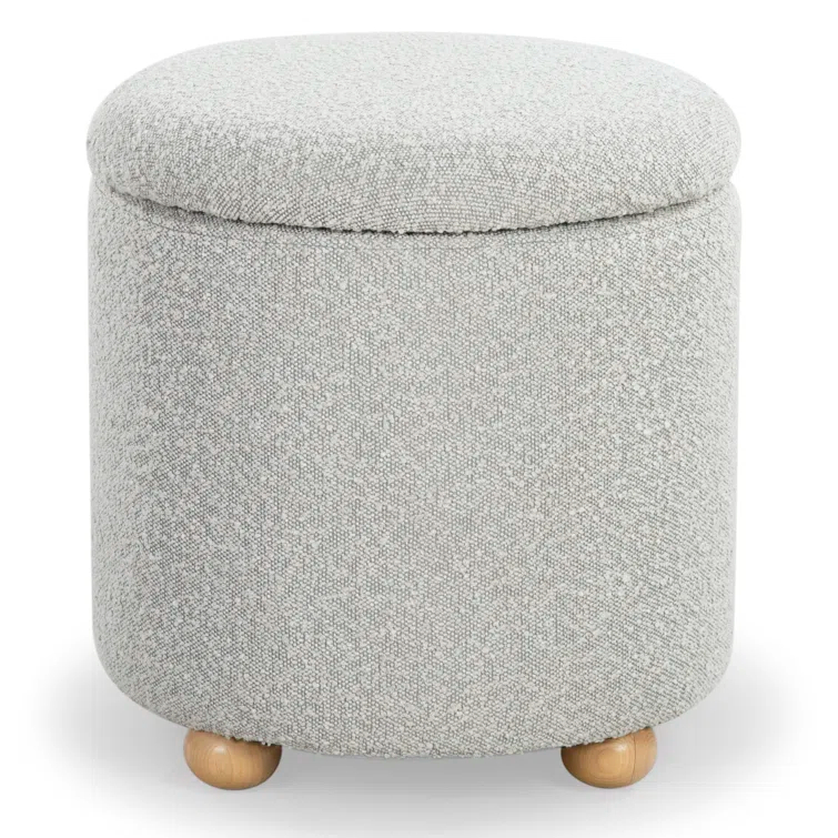 Becka Round Gray Boucle Storage Ottoman with Wood Legs