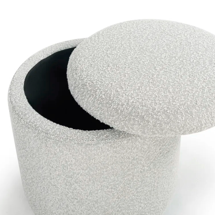 Becka Round Gray Boucle Storage Ottoman with Wood Legs