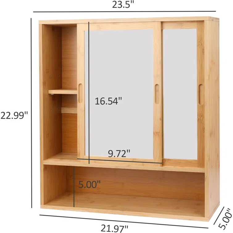 Bamboo Medicine Cabinet Mirror,Mirrored Cabinet With 2 Sliding Doors