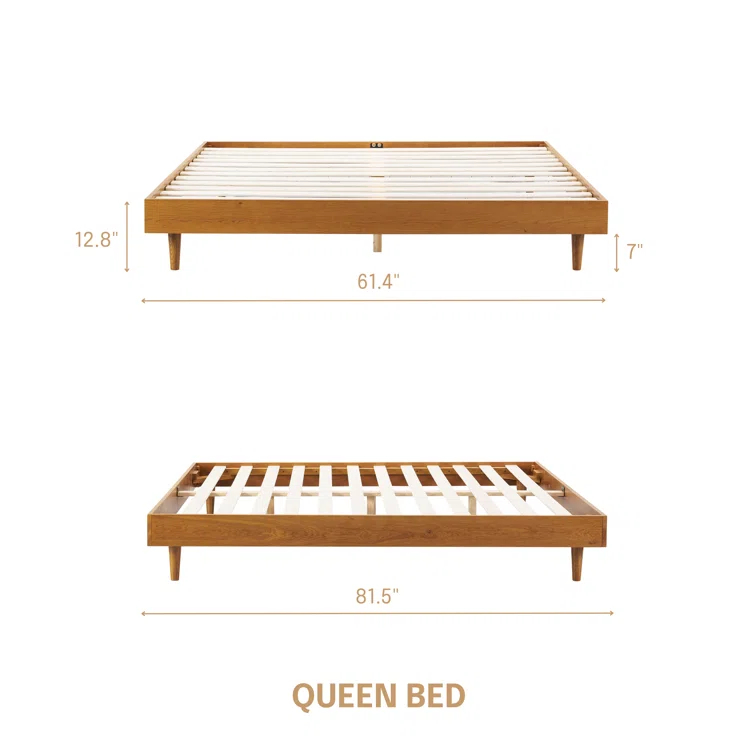 NTC Fly Solid Wood Bed Frame without Headboard and Silent Slats, 1000 lbs Capacity Bed Frame