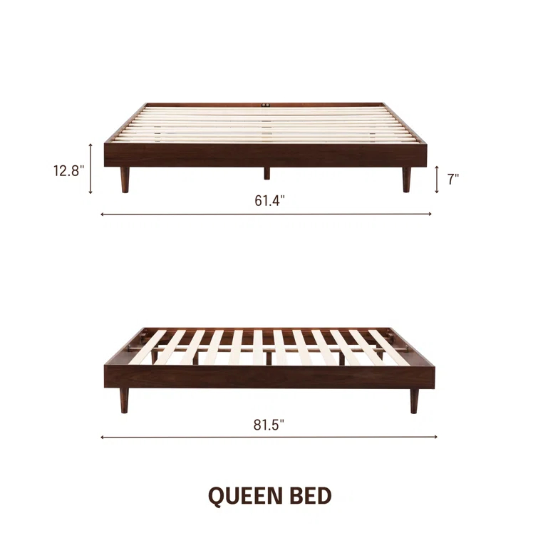 Queen Dark Walnut Wooden Bed Frame with Slats