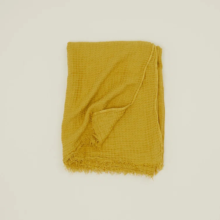 Mustard Knitted Linen Throw Blanket with Twisted Fringe