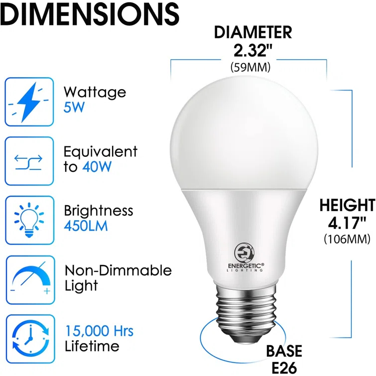A19 LED Light Bulb,40W Equivalent 5W, Non-Dimmable,450lm,5000K Warm White,E26 Medium Base,UL Listed
