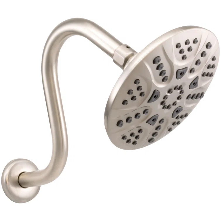 6" Round Thin 5-Function Adjustable Spray Shower Head with 8" S-Shaped Wall Mount Arm
