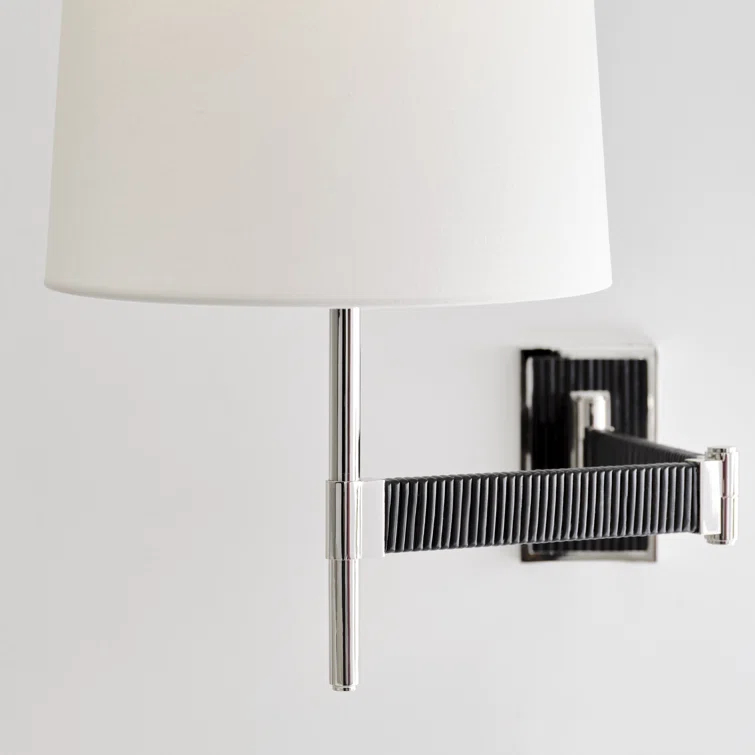 Elle Polished Nickel & Black Rattan 17'' Swing Arm Sconce with Linen Shade