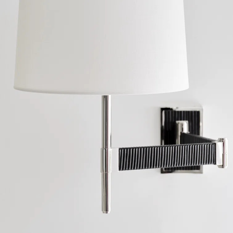 Elle Polished Nickel & Black Rattan 17'' Swing Arm Sconce with Linen Shade