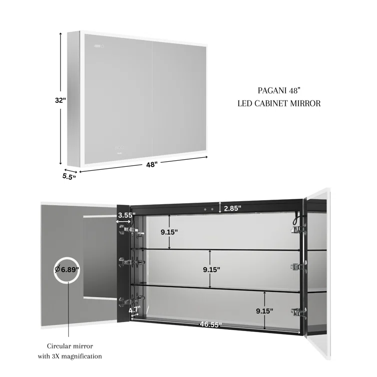 Ancerre Designs Pagani LED Mirror Medicine Cabinet With Defogger, Dimmer, Magnifier & USB Outlet