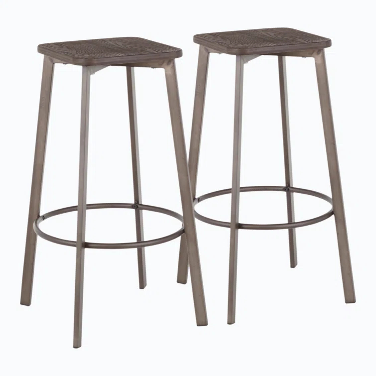 17 Stories Square Barstool In Vintage Metal And Espresso Wood-Pressed Grain Bamboo By Lumisource - Set Of 2