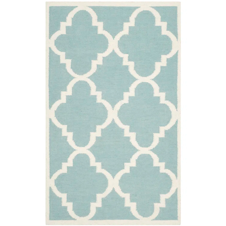 Rodgers Hand Woven Flat Weave Wool/Cotton Geometric Rug in Blue/Ivory