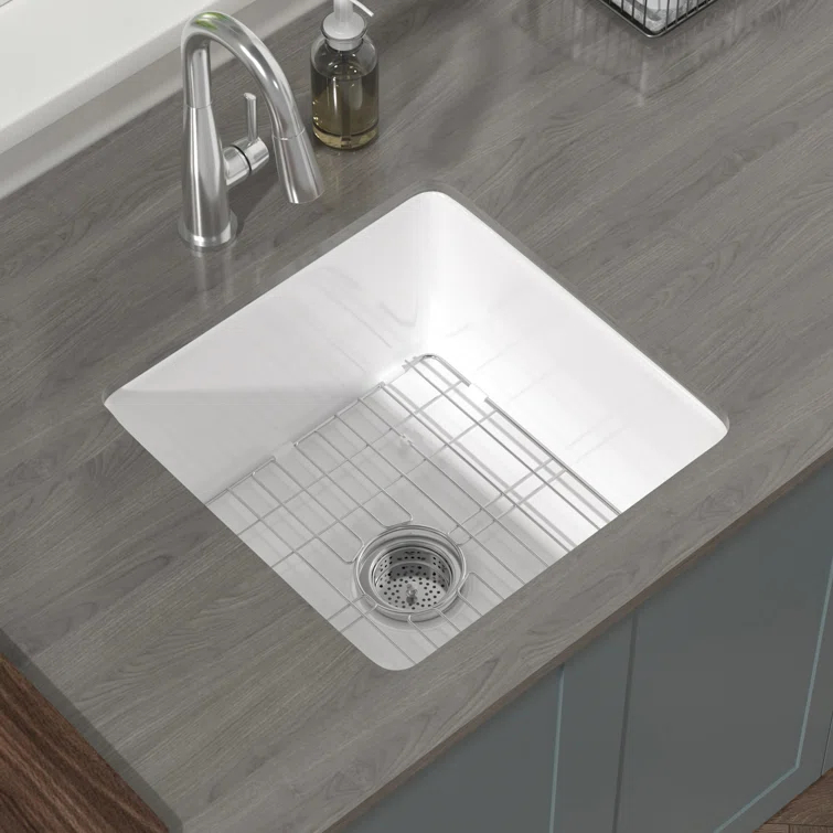 18" L x 18" W Single Bowl Fireclay Kitchen Sinks White with Bottom Grids and Basket Strainer