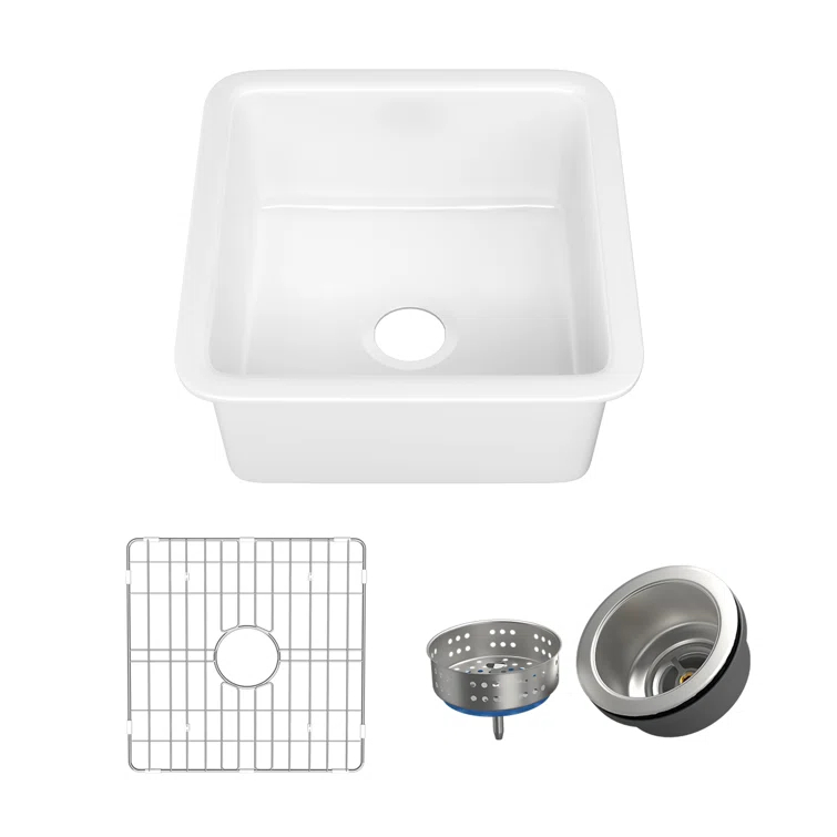 18" L x 18" W Single Bowl Fireclay Kitchen Sinks White with Bottom Grids and Basket Strainer