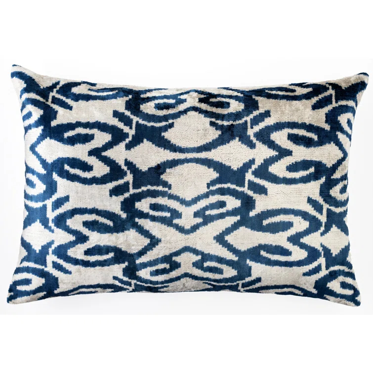 Canvello Luxurious Handmade 16x24 Velvet Silk Pillow – Blue & Ivory Geometric Pattern – Naturally Dyed Decorative Cushion with Premium Down Feather Insert