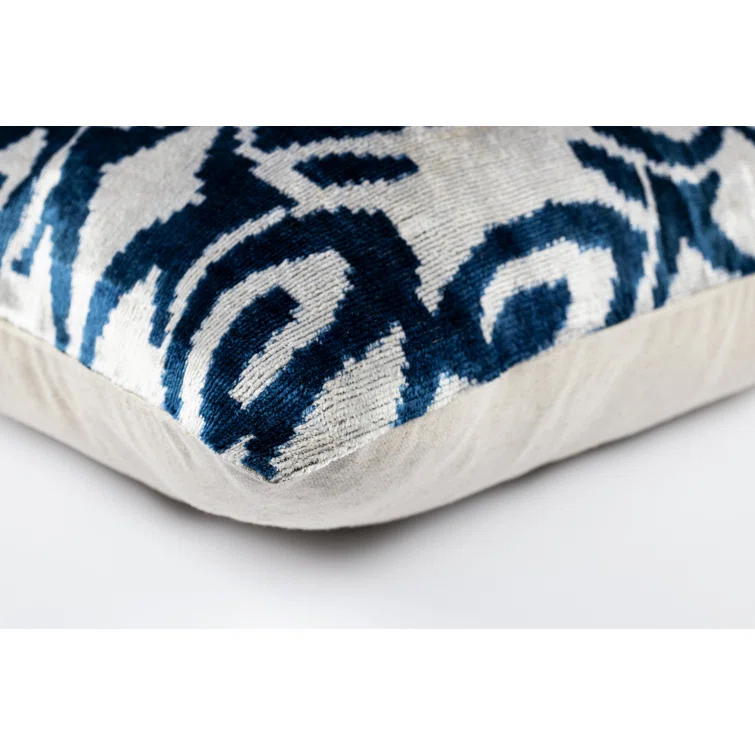 Canvello Luxurious Handmade 16x24 Velvet Silk Pillow – Blue & Ivory Geometric Pattern – Naturally Dyed Decorative Cushion with Premium Down Feather Insert