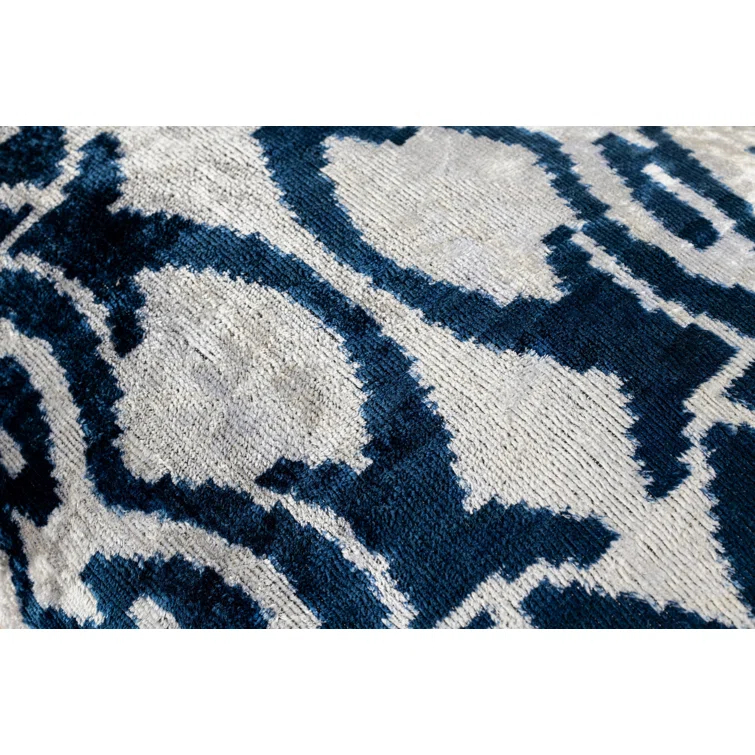 Canvello Luxurious Handmade 16x24 Velvet Silk Pillow – Blue & Ivory Geometric Pattern – Naturally Dyed Decorative Cushion with Premium Down Feather Insert