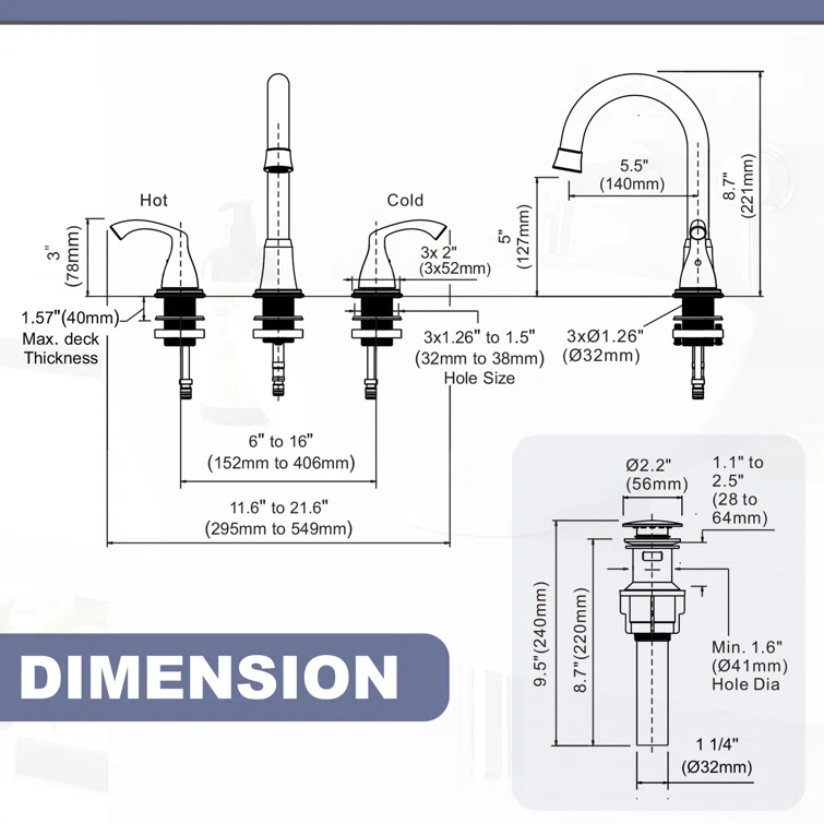 Widespread 2-handle Bathroom Faucet with Drain Assembly