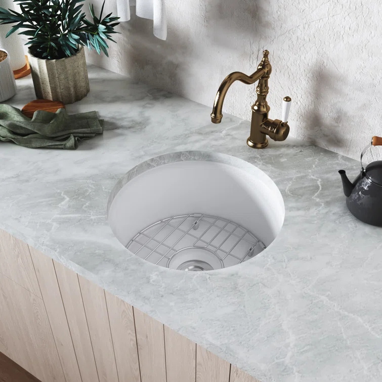 Circular Fireclay 18.5" x 18.5" Undermount/Drop-In Kitchen Sink with Basket Strainer and Sink Grid