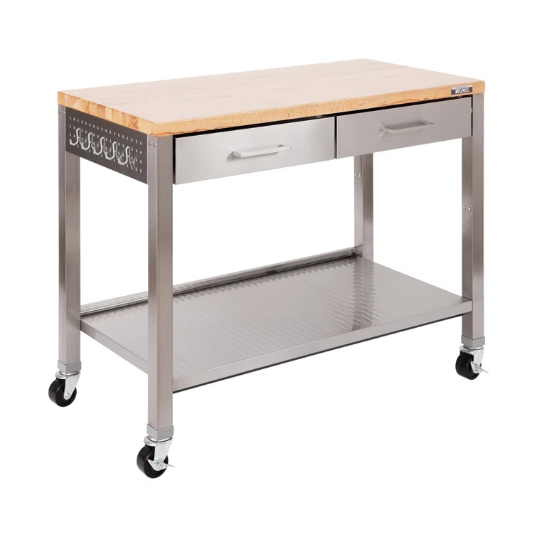 48'' Wide Stainless Steel Kitchen Rolling Cart Island with Solid Wood Top