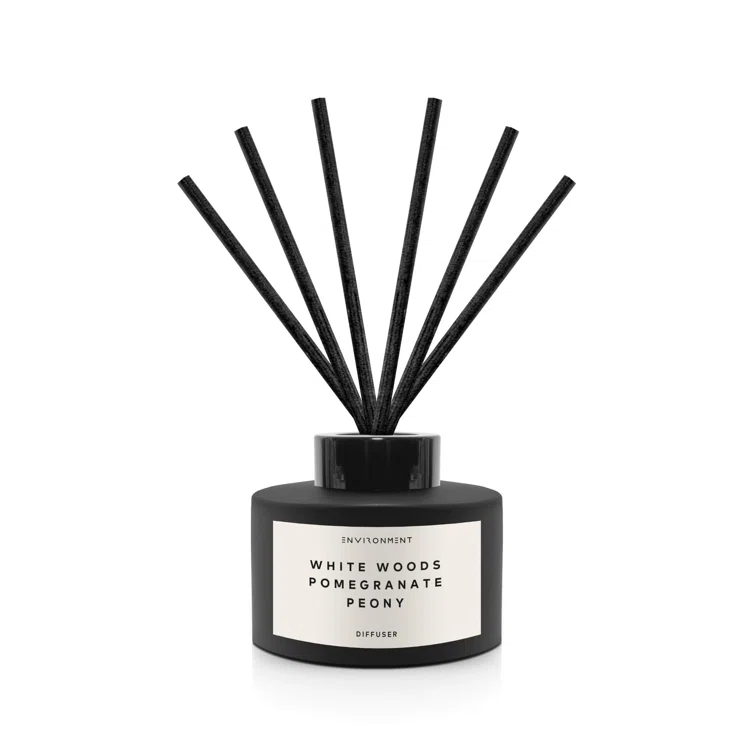 Black Ceramic Reed Diffuser with White Woods, Pomegranate, and Peony