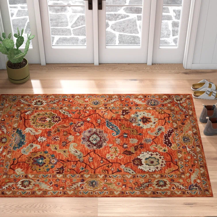 Fierros Floral Hand-Hooked Wool Orange Rug