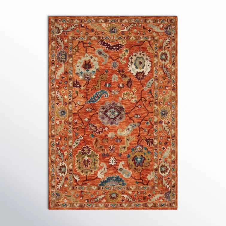 Fierros Floral Hand-Hooked Wool Orange Rug