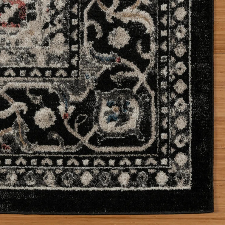 Heirloom Fluer Traditional Oriental Medallion Black Beige Polypropylene Area Rug