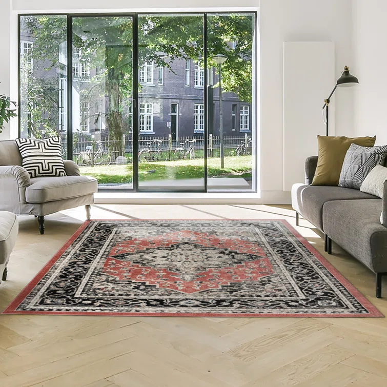 Heirloom Fluer Traditional Oriental Medallion Red Black Polypropylene Area Rug