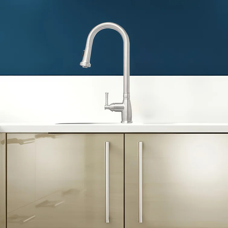 Whitehaus Collection Stainless Steel Single Lever Gooseneck Kitchen Faucet with Pull-down Spray Head