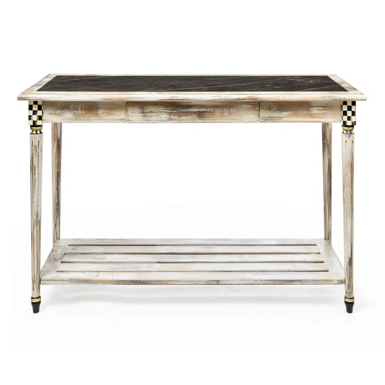 Rustic White and Black Beechwood Console Table with Marble Top