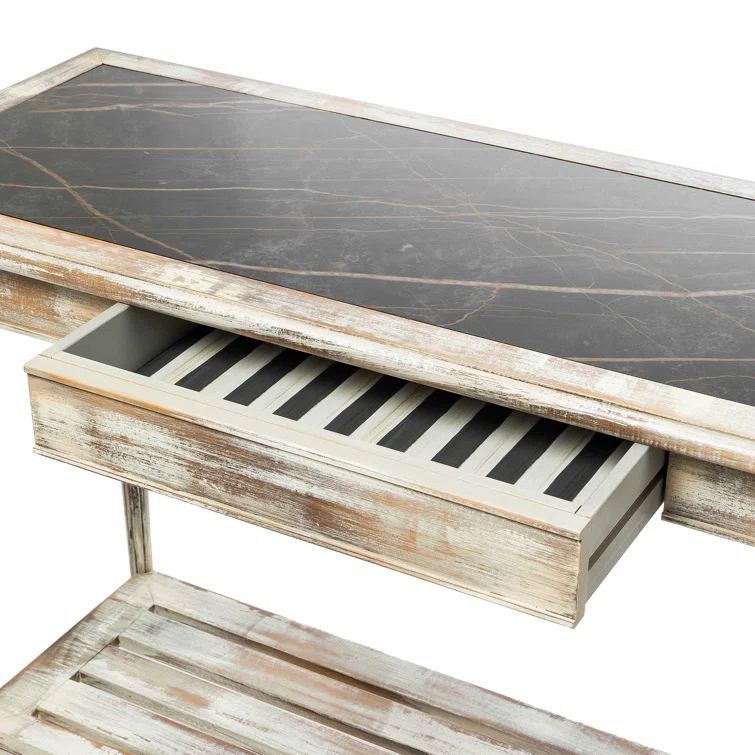 Rustic White and Black Beechwood Console Table with Marble Top