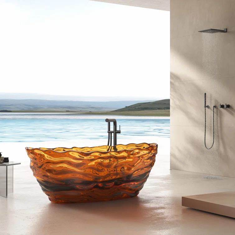 69" x 29.5" Freestanding Soaking Stone Resin Bathtub with Polished Chrome Pop Up Drain