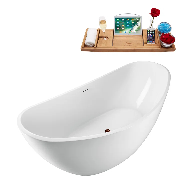 63'' Streamline Freestanding Soaking Acrylic Bathtub With Drain and Bamboo Tray