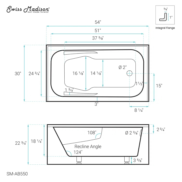 Voltaire 72" x 36" Alcove Bathtub with Apron and Armrest