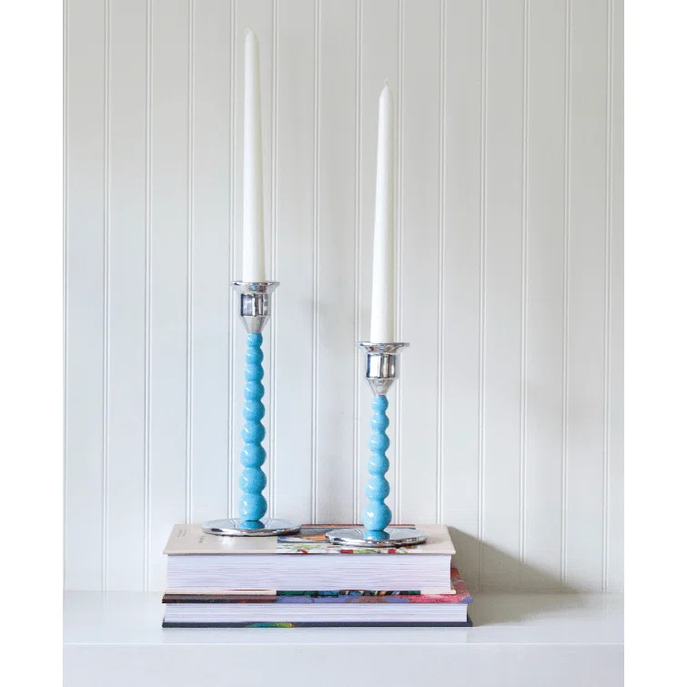 Aqua and Silver Recycled Aluminum Hurricane Candlestick Set