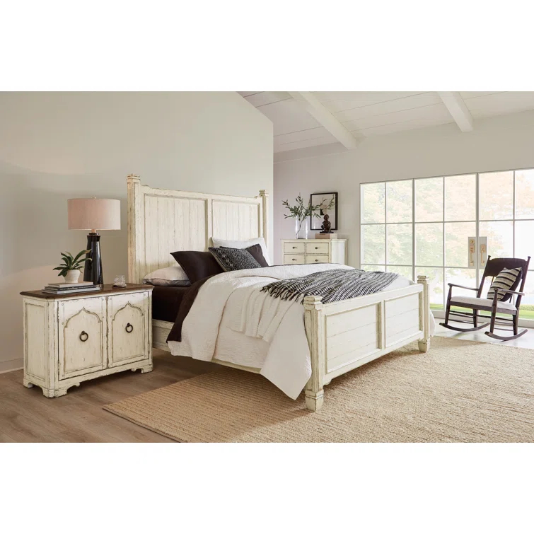 Beige Rustic Oak Veneer California King Panel Bed with Headboard