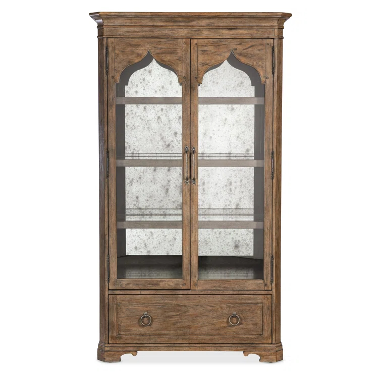 Rustic Lighted Oak Veneer China Cabinet with Glass Doors