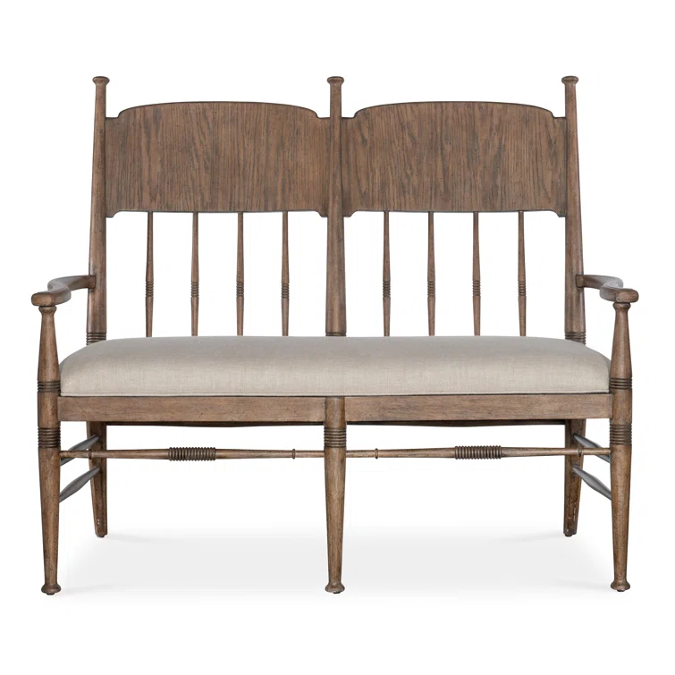 Honey Oak Upholstered Dining Bench with Armrests
