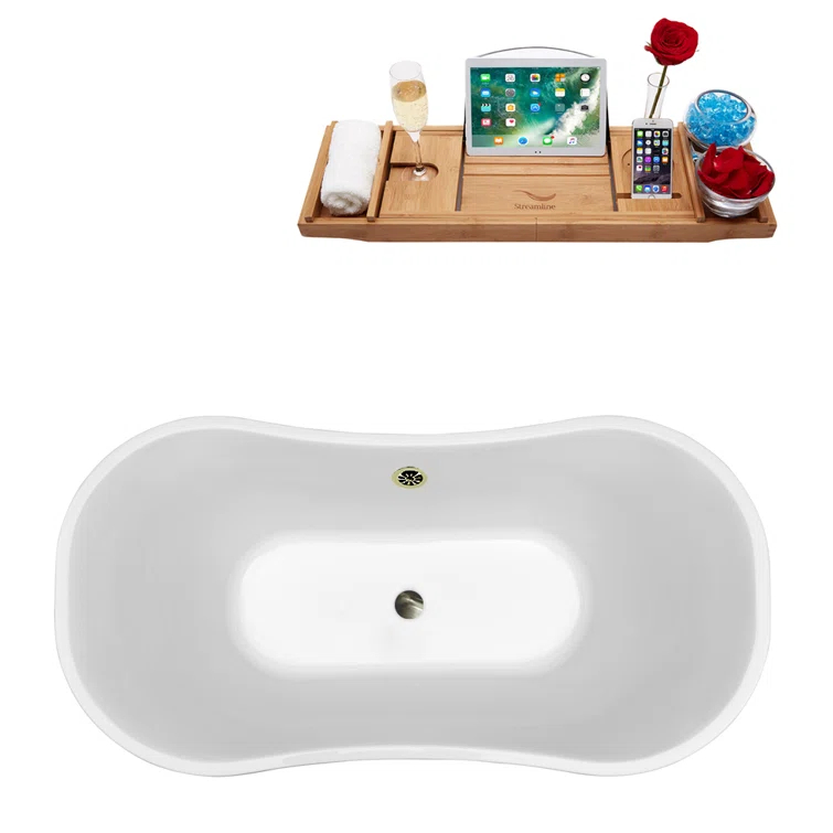 68" Streamline Freestanding Soaking Acrylic Bathtub With Drain and Bamboo Tray