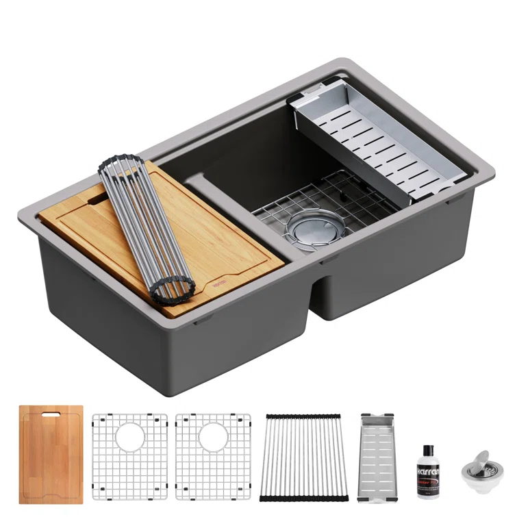 Quartz Undermount Sinks 32.5'' L Undermount Double Bowl Kitchen Sink