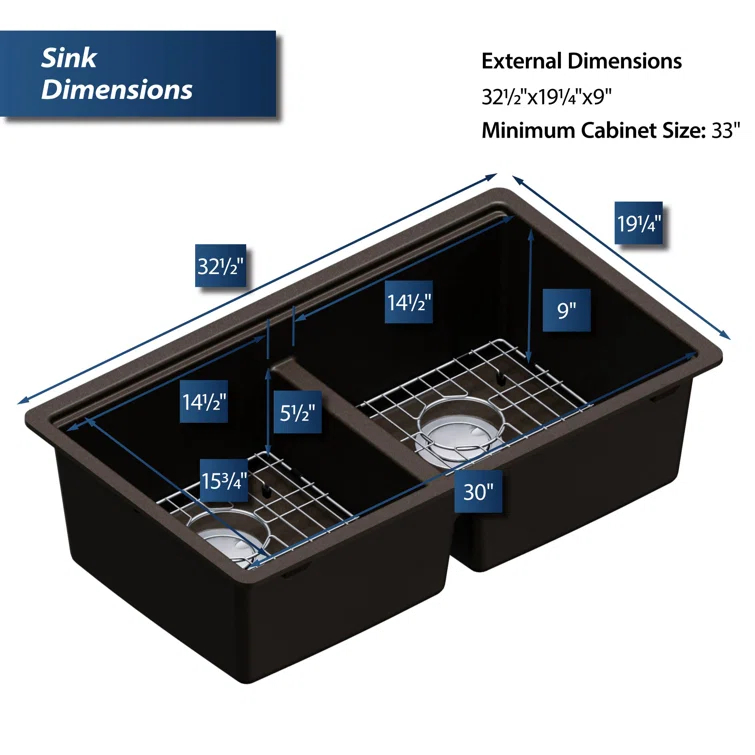 Quartz Undermount Sinks 32.5'' L Undermount Double Bowl Kitchen Sink