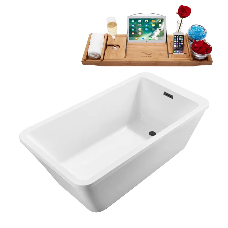 60" Streamline Freestanding Soaking Acrylic Bathtub With Drain and Bamboo Tray